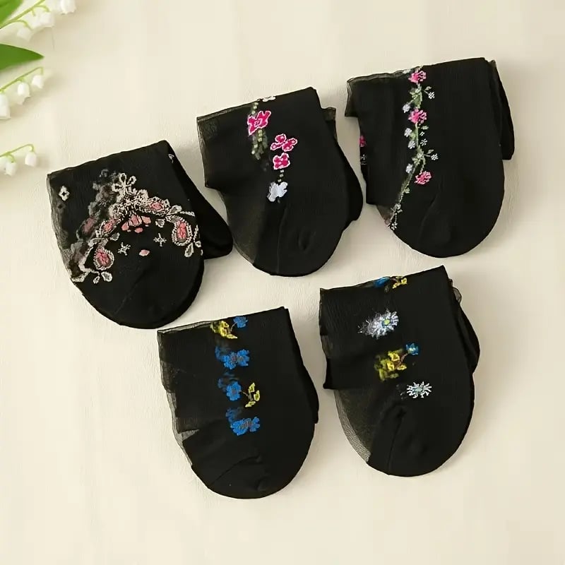 🌸10 Pairs Floral Pattern Glass Stockings 💐 - Bright Color Mid-Tube Socks, Soft Breathable & All-Day Comfort