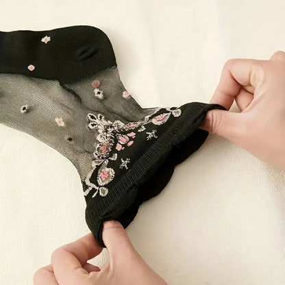 🌸10 Pairs Floral Pattern Glass Stockings 💐 - Bright Color Mid-Tube Socks, Soft Breathable & All-Day Comfort