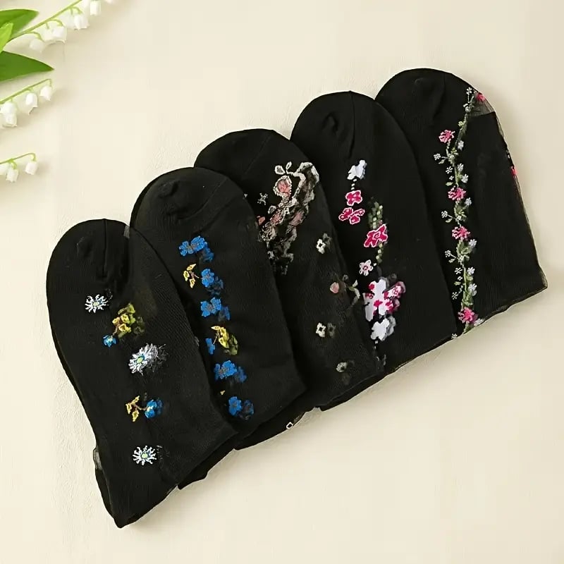 🌸10 Pairs Floral Pattern Glass Stockings 💐 - Bright Color Mid-Tube Socks, Soft Breathable & All-Day Comfort